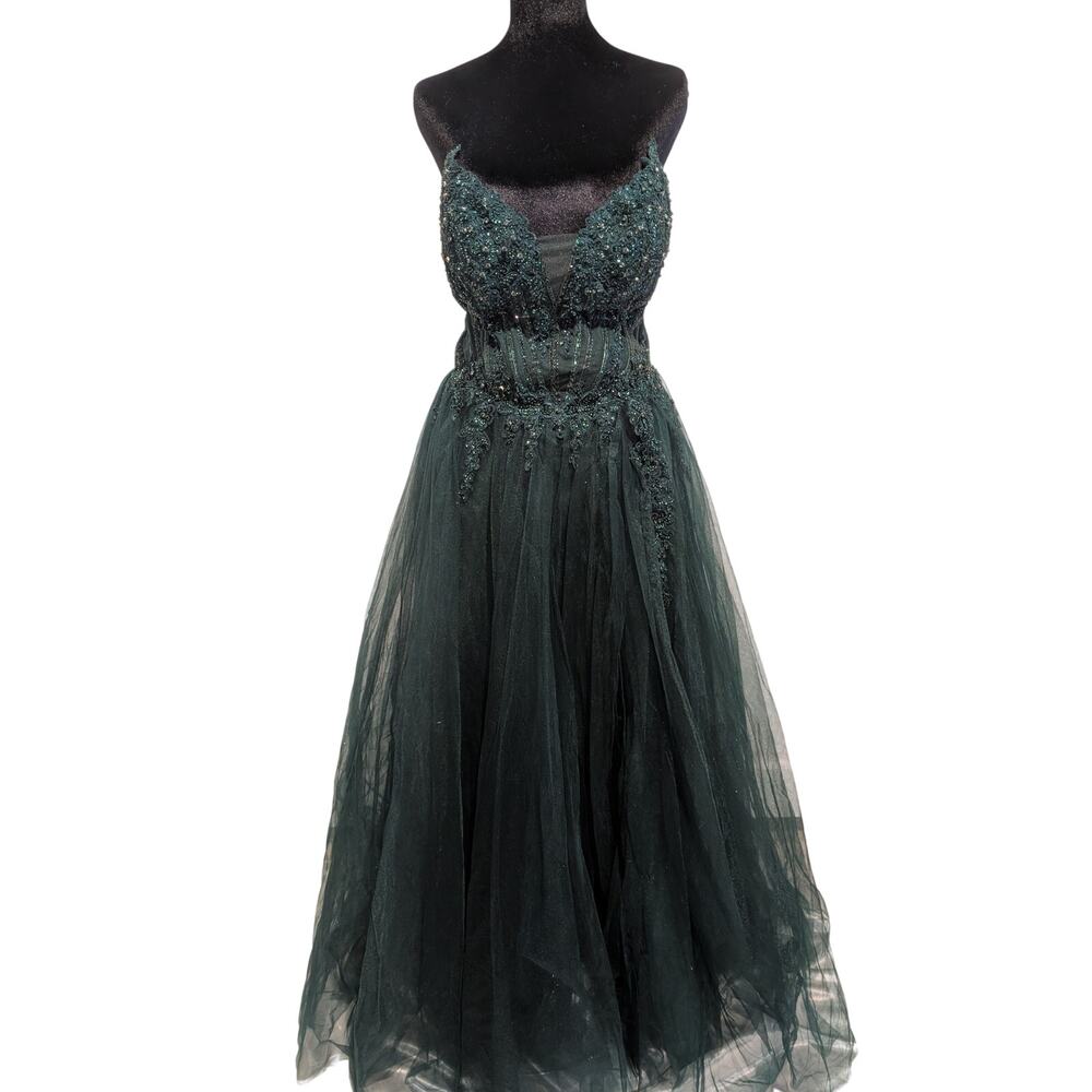 Emerald Formal Beaded & Tulle Corset Gown with Slit Sz 12